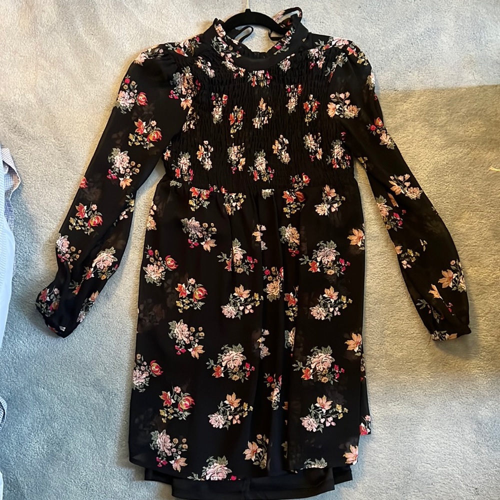 Black Floral Long Sleeve Mini Dress